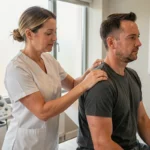 Kinésithérapeute réalisant une thérapie manuelle sur l'épaule d'un patient dans une clinique moderne de rééducation