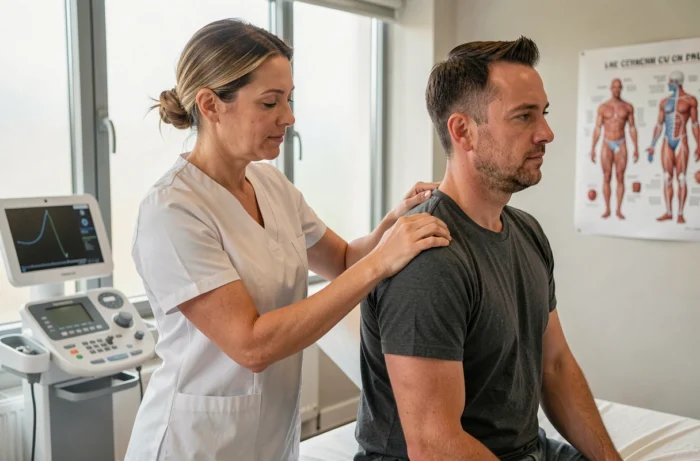 Kinésithérapeute réalisant une thérapie manuelle sur l'épaule d'un patient dans une clinique moderne de rééducation