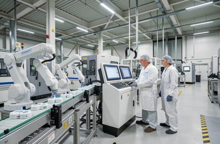 Vue panoramique d'une ligne de production automatisée dans une usine française de fabrication de dispositifs médicaux