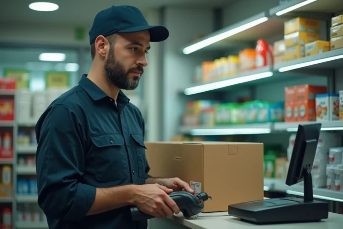 Livreur scannant un colis dans un point relais Vinted Go en boutique de proximité