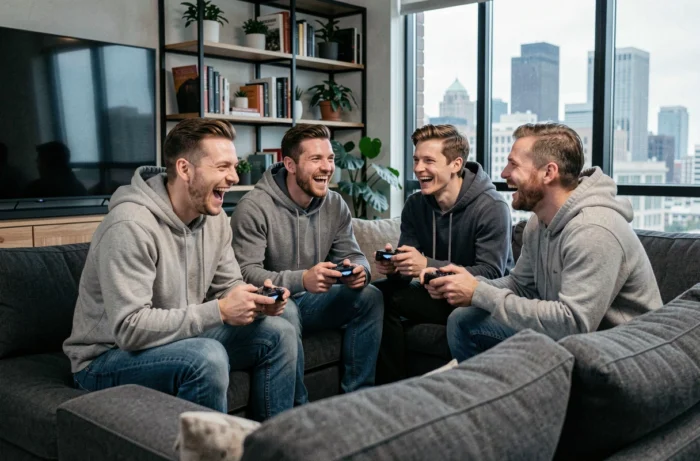 Groupe d'amis jouant aux jeux vidéo ensemble dans un salon moderne, idée de loisir entre amis conviviale et détendue