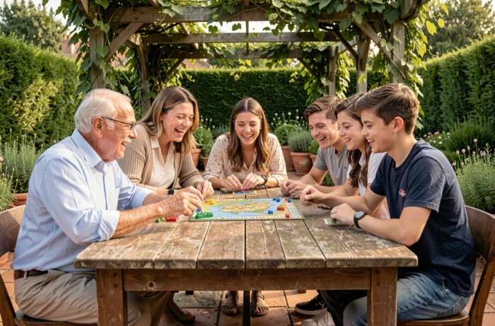Famille multigénérationnelle jouant à un jeu de société en plein air dans un jardin, activité de loisir conviviale en famille