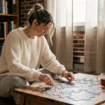 Femme seule assemblant un puzzle sur un plancher en bois dans un appartement chaleureux, idée de loisir solitaire et relaxant