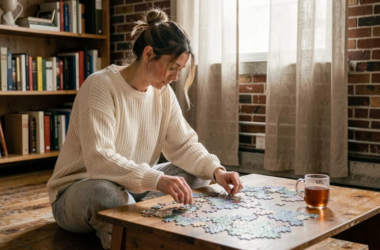 Femme seule assemblant un puzzle sur un plancher en bois dans un appartement chaleureux, idée de loisir solitaire et relaxant