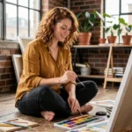 Femme artiste peignant dans un atelier créatif entouré de matériaux artistiques colorés