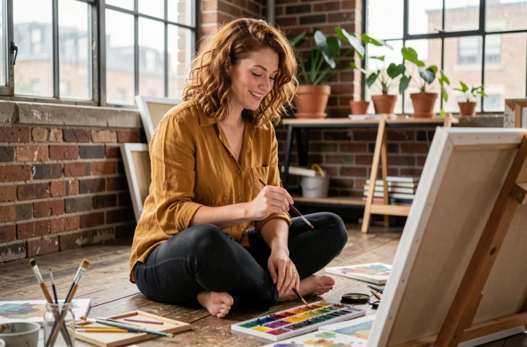 Femme artiste peignant dans un atelier créatif entouré de matériaux artistiques colorés