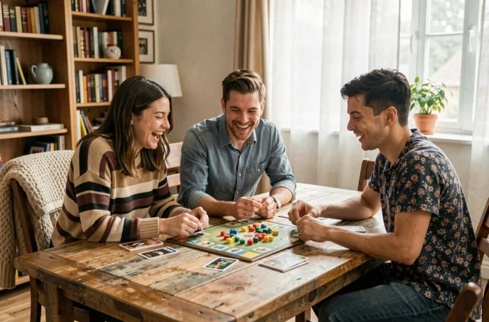 Groupe d'amis jouant à un jeu de société autour d'une table en bois dans un intérieur chaleureux