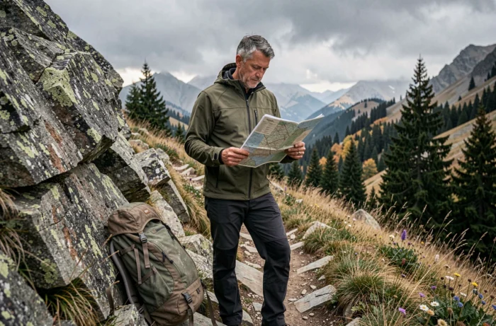 Randonneur masculin consultant une carte topographique sur un sentier de montagne en automne