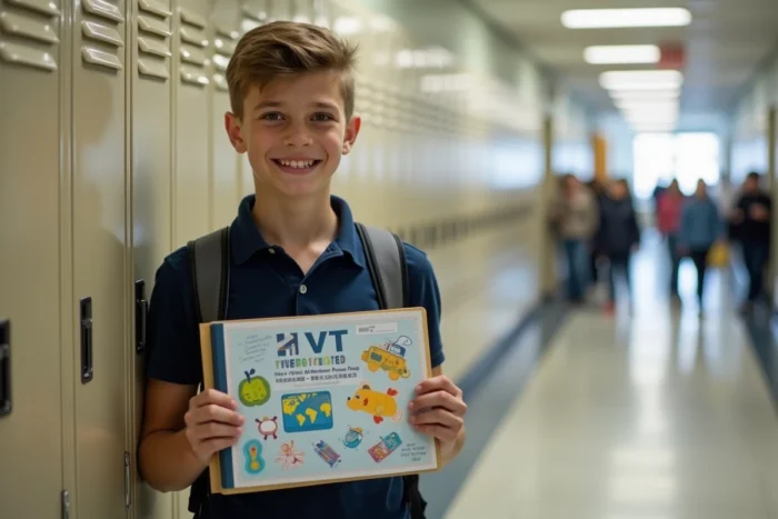 Lycéen souriant tenant son classeur SVT décoré d'une page de garde colorée devant son casier dans un couloir scolaire