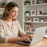Jeune maman naviguant facilement sur un site web depuis son bureau à domicile