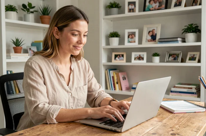 Jeune maman naviguant facilement sur un site web depuis son bureau à domicile