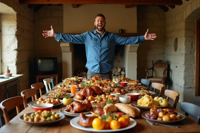 Homme aux bras écartés devant une table de banquet gargantuesque dans une ferme rustique, illustrant je mangerais un cheval