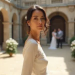 Mariée élégante en robe de mariée ivoire dans la cour d'un château français lors d'un mariage discret