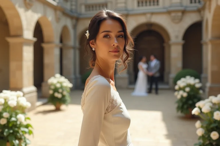 Mariée élégante en robe de mariée ivoire dans la cour d'un château français lors d'un mariage discret