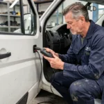 Mécanicien professionnel utilisant un outil de diagnostic OBD sur une Peugeot Boxer blanche dans un garage automobile pour désactiver l'anti-démarrage