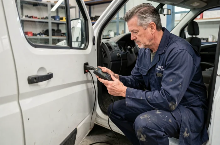 Mécanicien professionnel utilisant un outil de diagnostic OBD sur une Peugeot Boxer blanche dans un garage automobile pour désactiver l'anti-démarrage