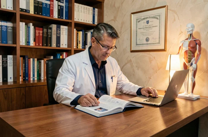 Médecin généraliste consultant des guides cliniques et des ressources numériques dans son cabinet médical
