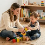 Mère et jeune enfant jouant avec des cubes en bois colorés sur le sol d'un salon scandinave chaleureux