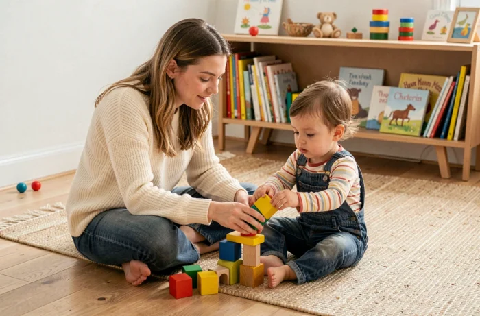 Mère et jeune enfant jouant avec des cubes en bois colorés sur le sol d'un salon scandinave chaleureux