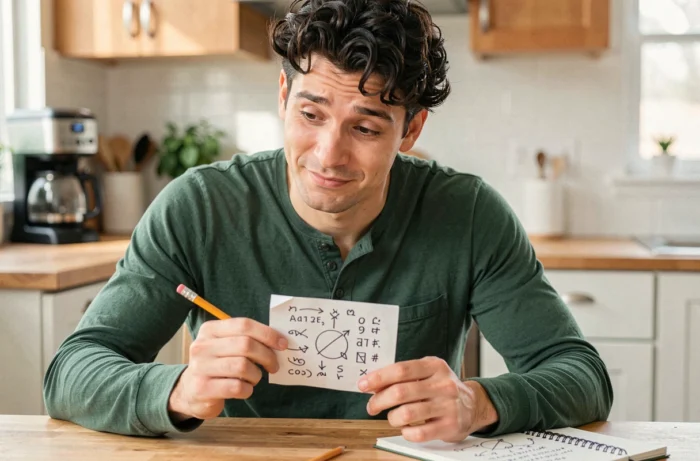 Homme tentant de déchiffrer un message codé tiré d'une cocotte en papier avec un crayon et un carnet