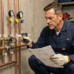 Plombier mesurant le diamètre d'un tuyau de gaz en cuivre avec un pied à coulisse numérique dans une chaufferie technique