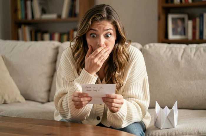 Jeune femme surprise par un mot qu'on ne dit jamais à voix haute, sorti d'une cocotte en papier