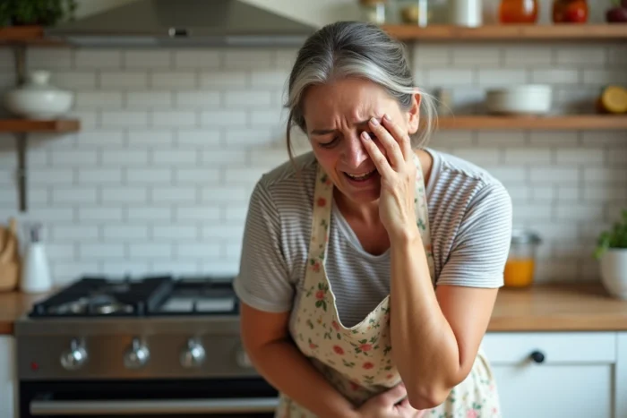 Femme en tablier de cuisine s'effondrant dramatiquement sur le comptoir par manque de nourriture, illustrant mourir de faim
