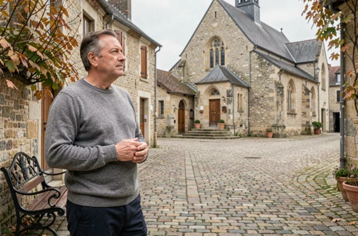 Homme en pull gris debout dans une place de village français traditionnel avec église en pierre et pavés, évoquant les origines provinciales