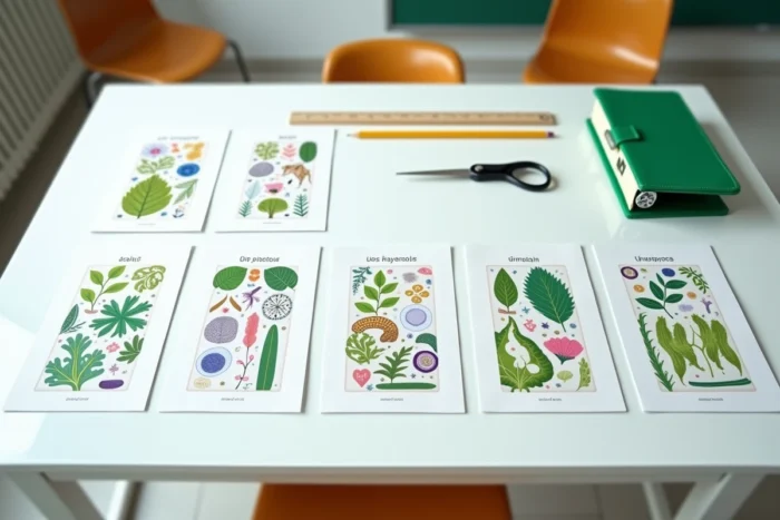 Vue à plat de pages de garde SVT imprimées avec illustrations biologiques disposées sur un bureau scolaire avec un classeur vert et des fournitures