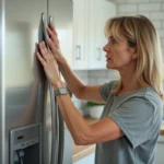 Femme touchant la paroi latérale chaude d'un réfrigérateur en inox dans une cuisine moderne