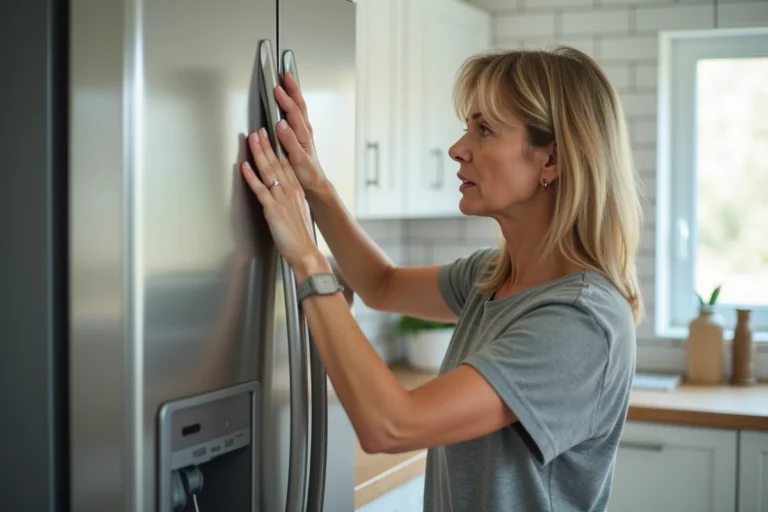 Femme touchant la paroi latérale chaude d'un réfrigérateur en inox dans une cuisine moderne