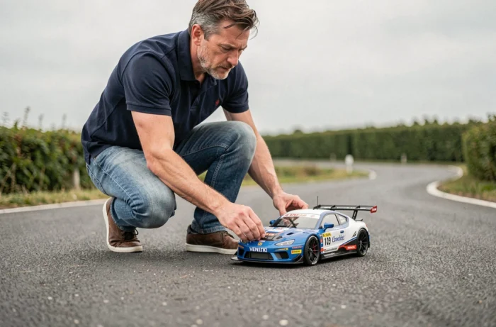 Passionné de modélisme RC ajustant une voiture télécommandée 1/10 sur un circuit extérieur en Vendée
