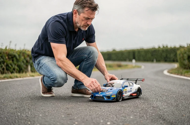 Passionné de modélisme RC ajustant une voiture télécommandée 1/10 sur un circuit extérieur en Vendée