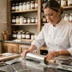 Pâtissière artisanale examinant ses ustensiles professionnels sur un plan de travail en marbre dans une boulangerie