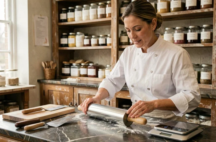 Pâtissière artisanale examinant ses ustensiles professionnels sur un plan de travail en marbre dans une boulangerie