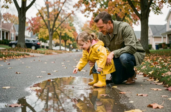 Père et fillette en imperméable jaune observant une flaque d'eau sur un trottoir automnal