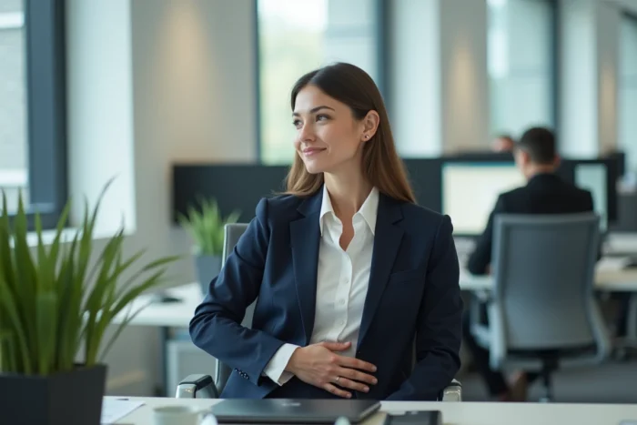 Femme professionnelle au bureau regardant vers la salle de pause avec un sourire distrait, illustrant avoir un petit creux