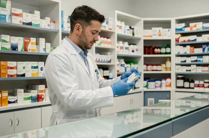 Pharmacien en blouse blanche examinant un médicament dans une pharmacie moderne, avancées en santé