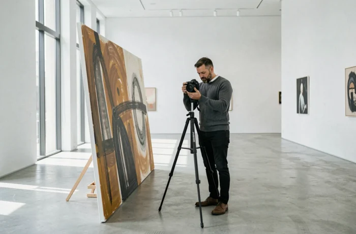 Photographe professionnels documentant des œuvres d'art dans une galerie blanche minimaliste pour une publication numérique