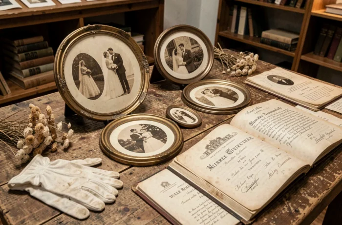Collection de photographies de mariage vintage et certificats anciens exposés dans un musée