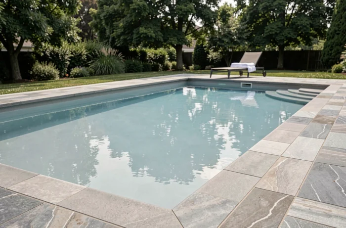 Piscine résidentielle entièrement rénovée avec revêtement neuf et carrelage moderne autour du bassin