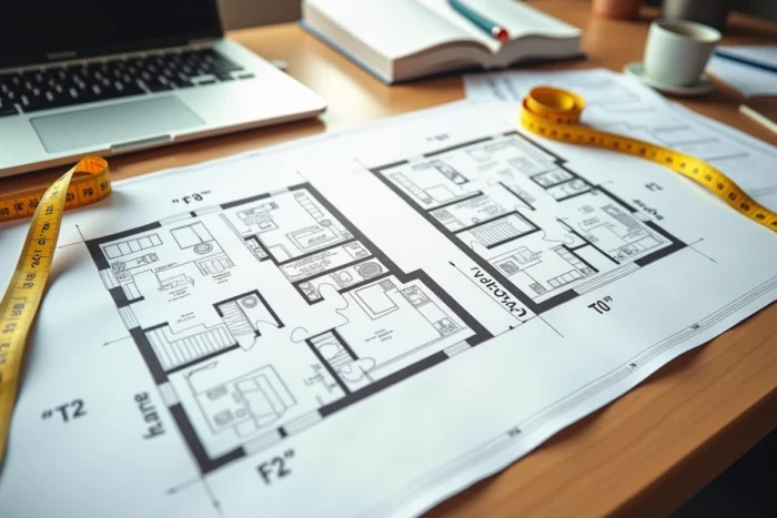 Plan de sol comparatif T2 et F2 posé sur un bureau d'agence immobilière avec mètre ruban et annotations au crayon