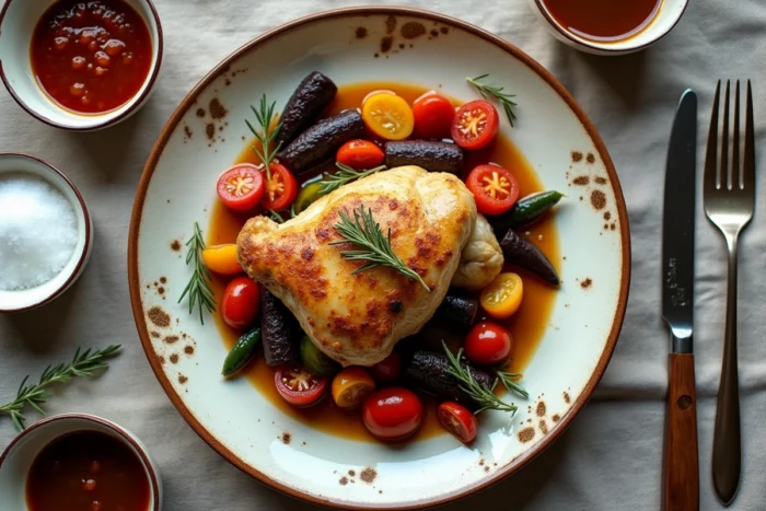 Vue aérienne d'un plat gastronomique de poulet rôti aux légumes de saison sur une table en lin