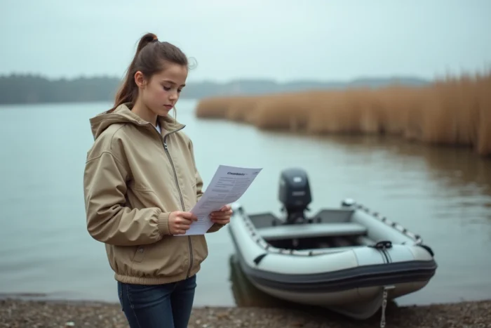Adolescente révisant la checklist de sécurité nautique au bord d'un lac avant de passer son BSR