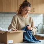 Femme préparant un colis Vinted Go dans sa cuisine avec une étiquette d'expédition visible