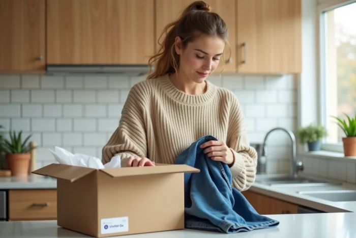 Femme préparant un colis Vinted Go dans sa cuisine avec une étiquette d'expédition visible
