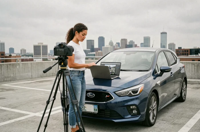 Créatrice de contenu automobile filmant une vidéo YouTube en extérieur sur un parking urbain avec équipement professionnel