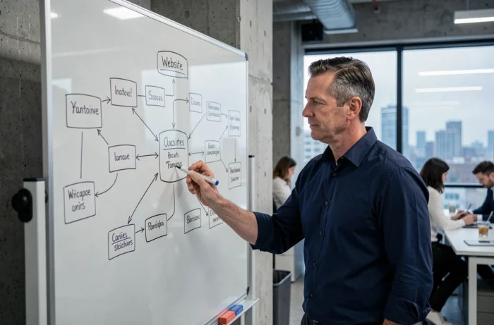 Professionnel analysant l'architecture d'un plan de site sur un tableau blanc en entreprise