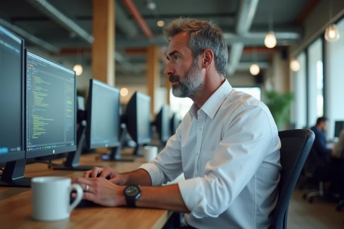 Professionnel utilisant des outils de confidentialité et sécurité en ligne dans un espace de coworking moderne