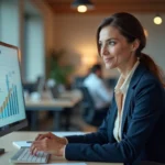 Professionnelle ambitieuse analysant son plan de carrière sur un écran dans un bureau moderne avec JumpBoostPro